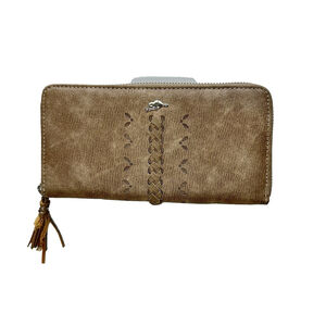 Roots RFID Tassel Braided Beaver Rectangular Zip Around Sand Faux Suede Wallet